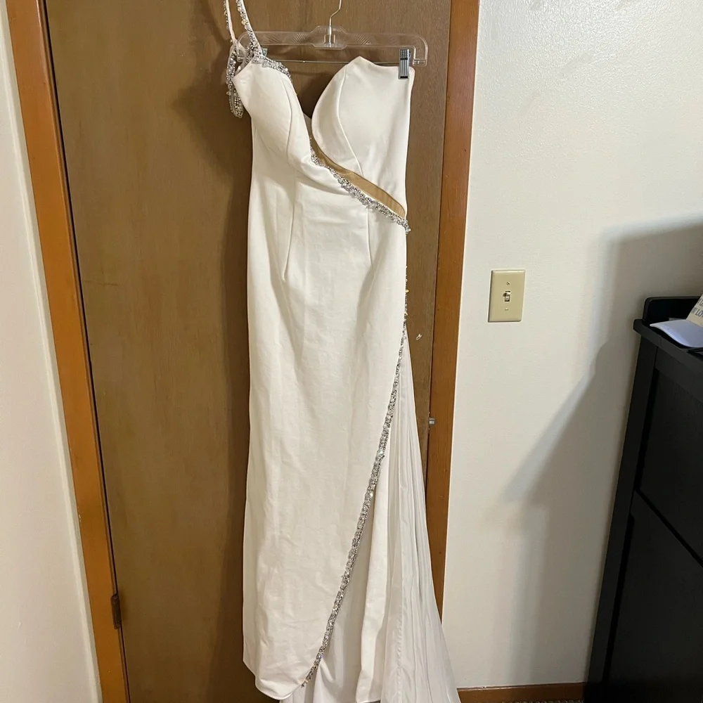 Sherri Hill White One Shoulder Dress with Silver Accents - Picture 2 of 9